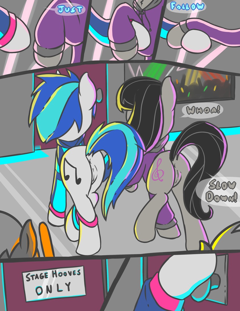anus black_hair blue_hair butt clothing comic cutie_mark dialogue digital_media_(artwork) duo e621 earth_pony english_text equid equine fearingfun female feral friendship_is_magic fur genitals grey_body grey_fur hair hasbro horse mammal multicolored_hair my_little_pony octavia_(mlp) pony text two_tone_hair vinyl_scratch_(mlp) vulva white_body white_fur