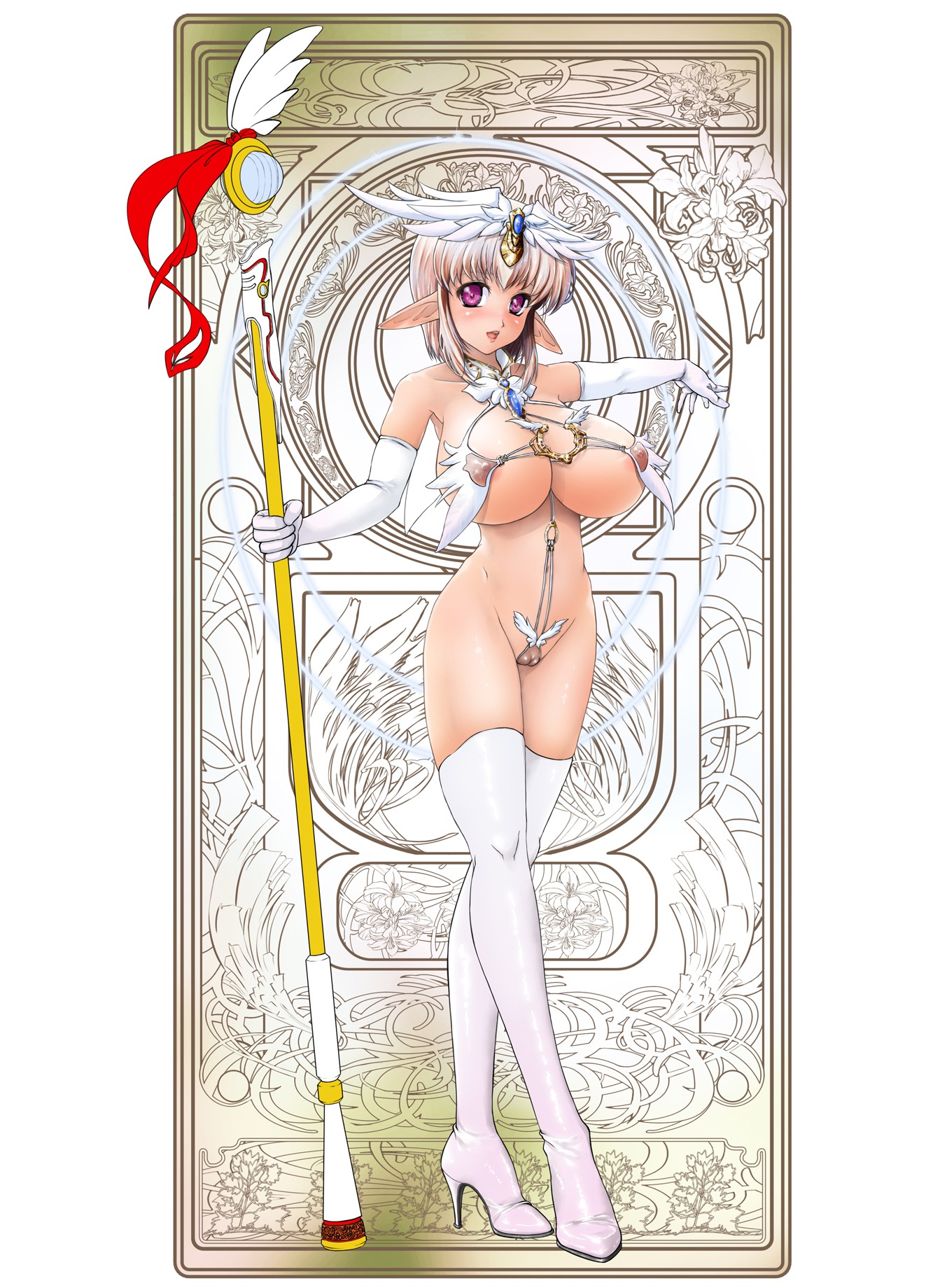 boots breasts character_request destiny_(ishida) elbow_gloves female gloves highres huge_breasts large_breasts legs nipples original pointy_ears purple_eyes pussy revealing_clothes rule34 shiba_(pixiv244) short_hair sling_bikini staff swimsuit thigh_boots thighhighs white_legwear