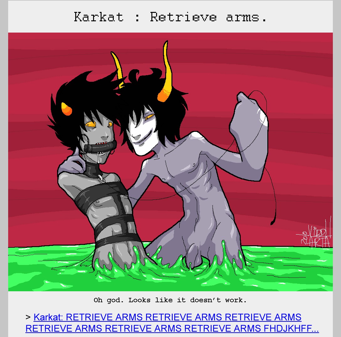 2boys amputee black_hair bondage comic facepaint gag gamzee_makara gay grey_skin homestuck horns imminent_rape karkat_vantas leash male ms_paint_adventures naked nipples penis red_background rule34 sharp_teeth short_hair slime source_request text troll viddharta yellow_eyes
