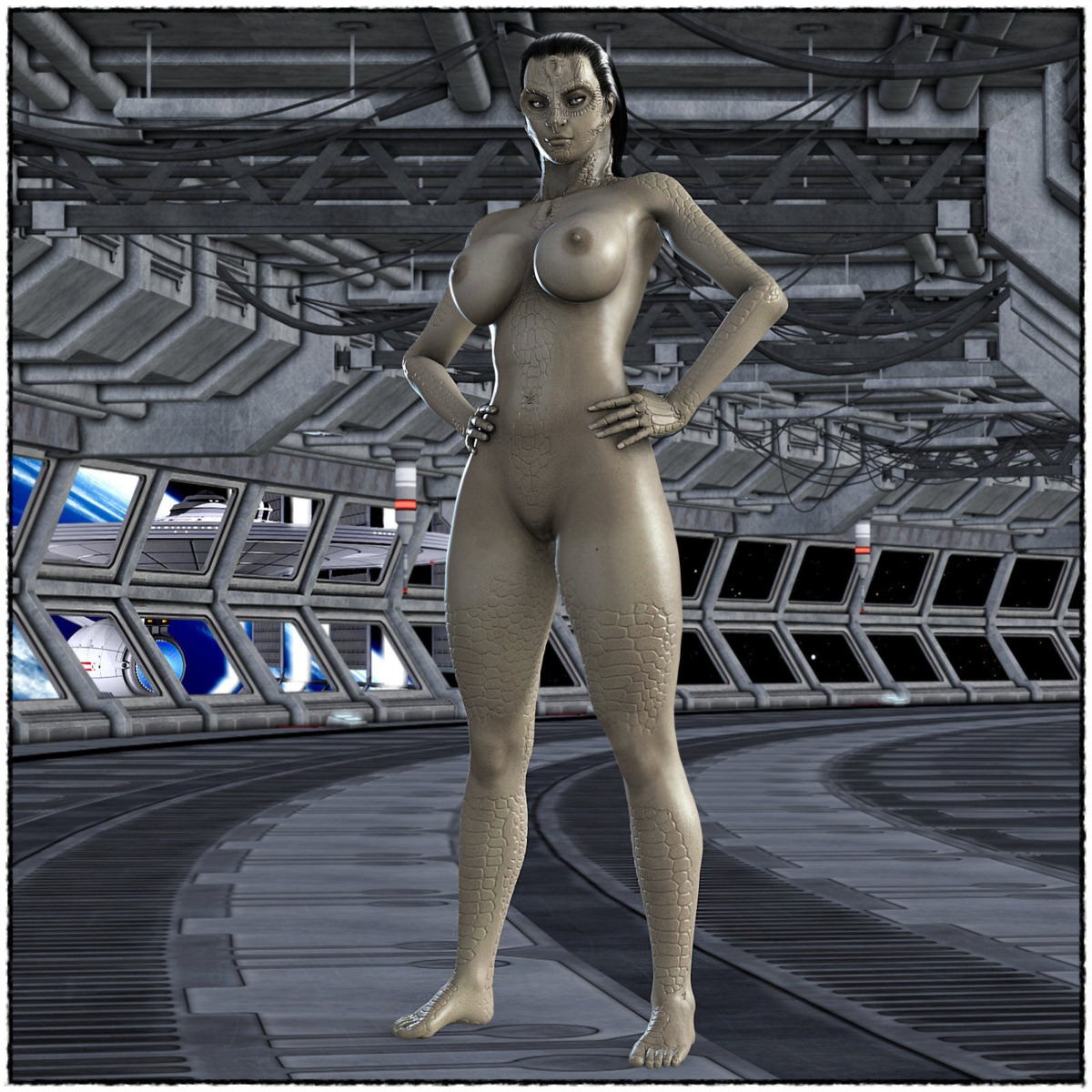 1:1 1girls 2009 3d abs akimbo alien black_hair breasts cardassian_(species) female female_only grey_skin hands_on_hips jolene_kayla ki'maa large_breasts navel nude rule34 solo solo_female space spaceship star_trek tagme window