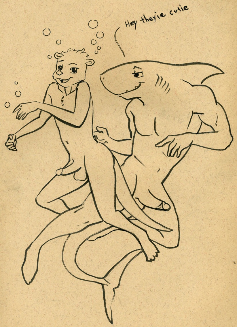 anthro aquatic balls duo e621 erection fish genitals humanoid_genitalia humanoid_penis male male/male mammal muscular mustelid nude otter penis shark tail tush_(artist) underwater water