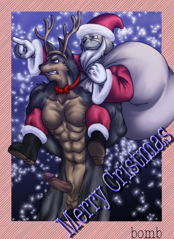 accessory anthro balls bomb_(artist) bow_(feature) bow_tie canid canine canis carrying_another christmas dobermann domestic_dog duo e621 erection fake_horns genitals headband holidays humanoid_genitalia humanoid_penis male mammal muscular outside penis piggyback pinscher pointy_ears prick_ears santa_claus snow snowing