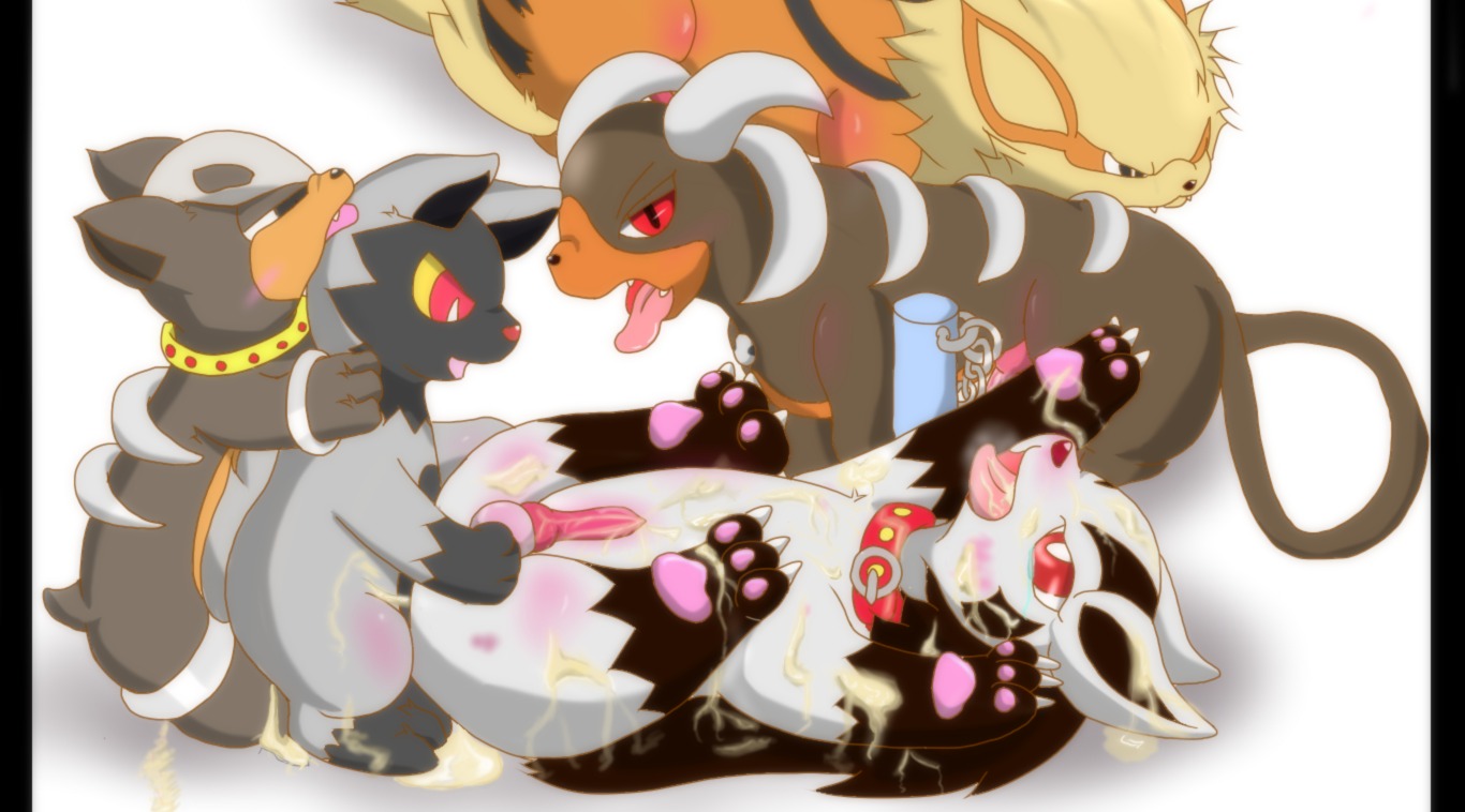 anal arcanine black_body black_fur bodily_fluids canid canine collar cum e621 erection feral fur generation_1_pokemon generation_2_pokemon generation_3_pokemon genital_fluids genitals gloves_(marking) group houndoom houndour knot leg_markings male male/male male_penetrated male_penetrating male_penetrating_male mammal markings mightyena nintendo penetration penis pokemon pokemon_(species) poochyena quadruped red_eyes sex socks_(marking) tail tongue tongue_out unknown_artist wet