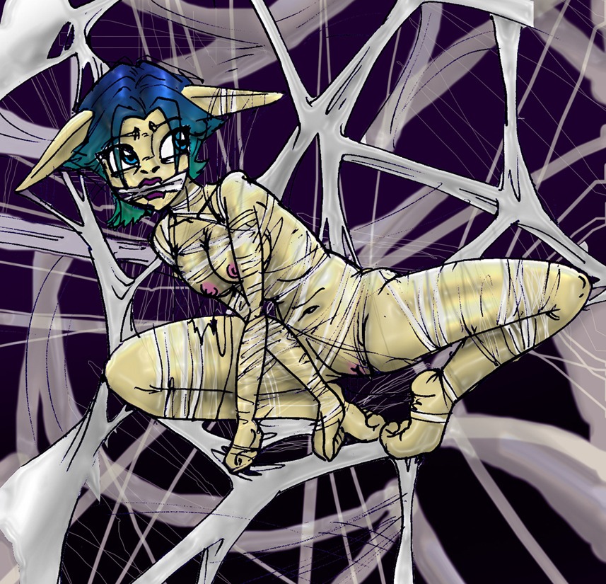1girls big_breasts blue_hair bound bound_legs breasts female female_only gag gagged green_highlights jak_and_daxter keira_hagai latexandfur lipstick malkin_(artist) naughty_dog navel nipples nude pointy_ears purple_lipstick pussy rule34 solo sony spider_web spread_legs vulva web_gag