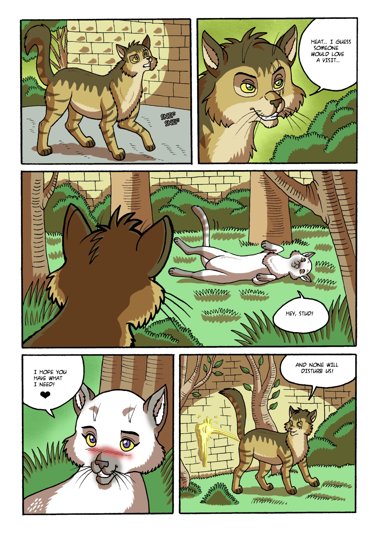 absurd_res bodily_fluids comic domestic_cat duo e621 felid feline felis female feral flirting garden genital_fluids hi_res in_heat khaldun kooskia_(artist) lyrin male male/female male_peeing mammal marking_territory markings peeing queen royalty spraying territory urine