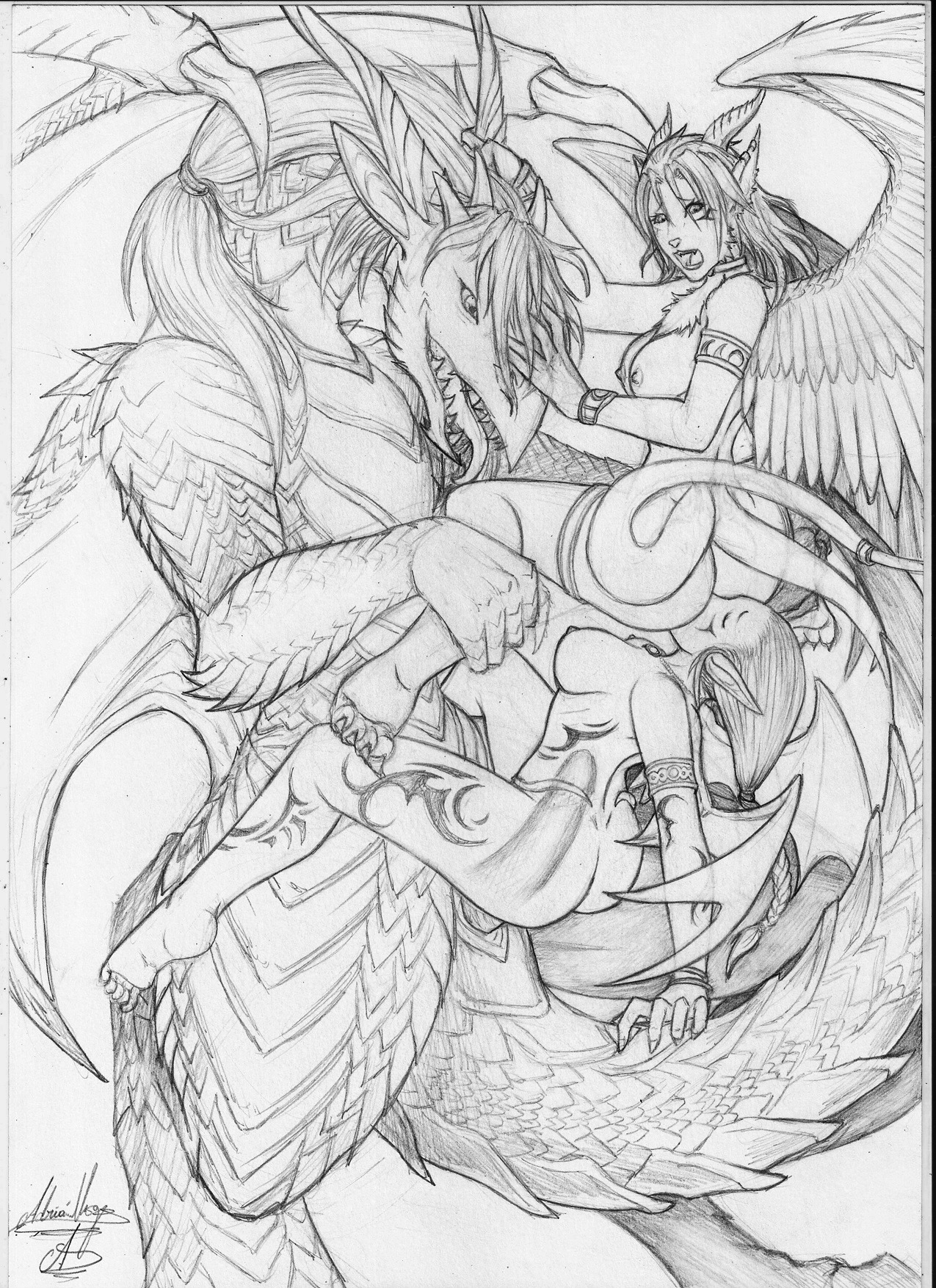 claws demon dragon e621 erection feathered_wings feathers female female/female genitals group growingdragon hi_res horn male membrane_(anatomy) membranous_wings monochrome mythological_creature mythological_scalie mythology nude oral penetration penis scales scalie tail tattoo wings