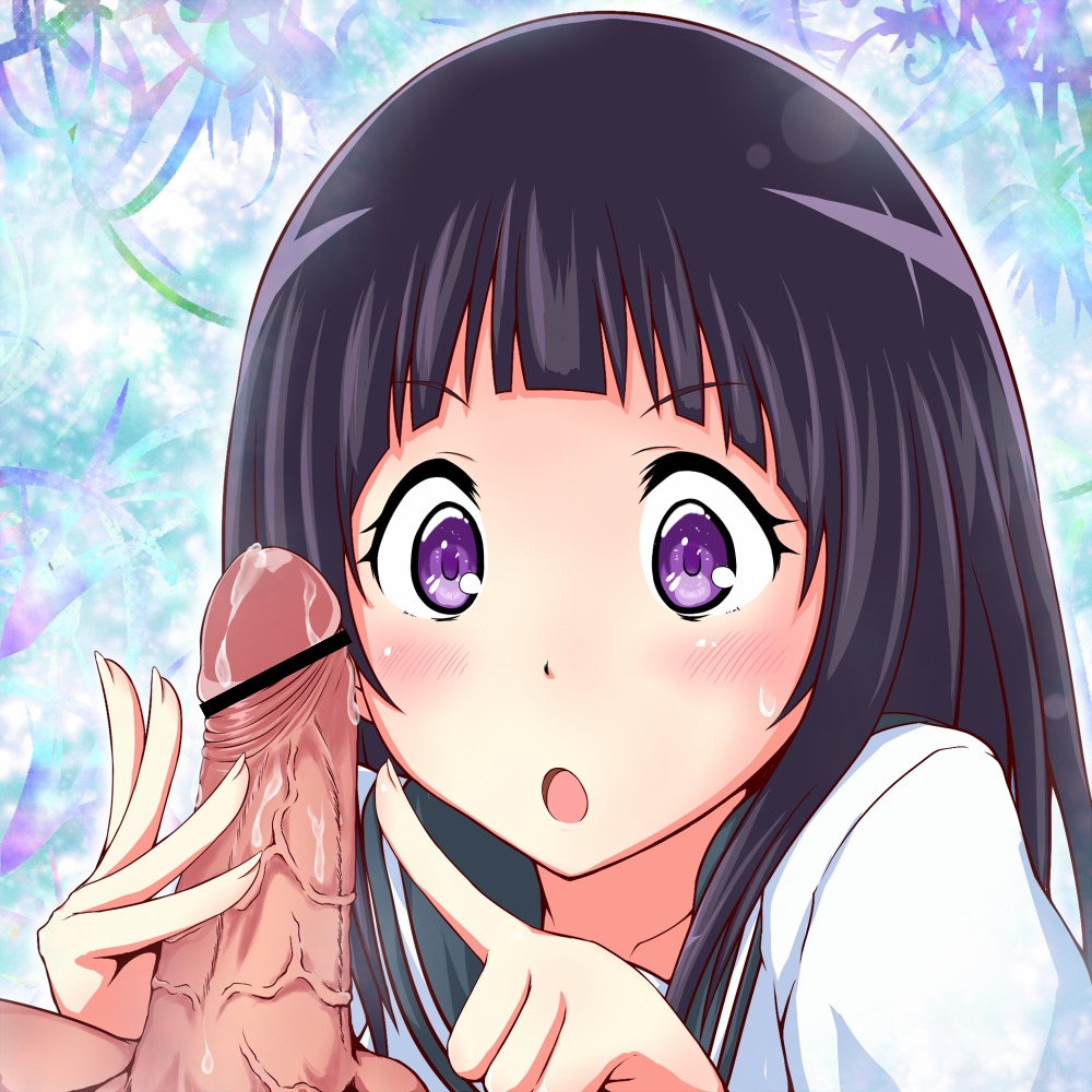 :o blue_hair blush censored chitanda_eru hyouka long_hair male mikepon_(ota_office) penis penis_awe purple_eyes rule34 school_uniform serafuku