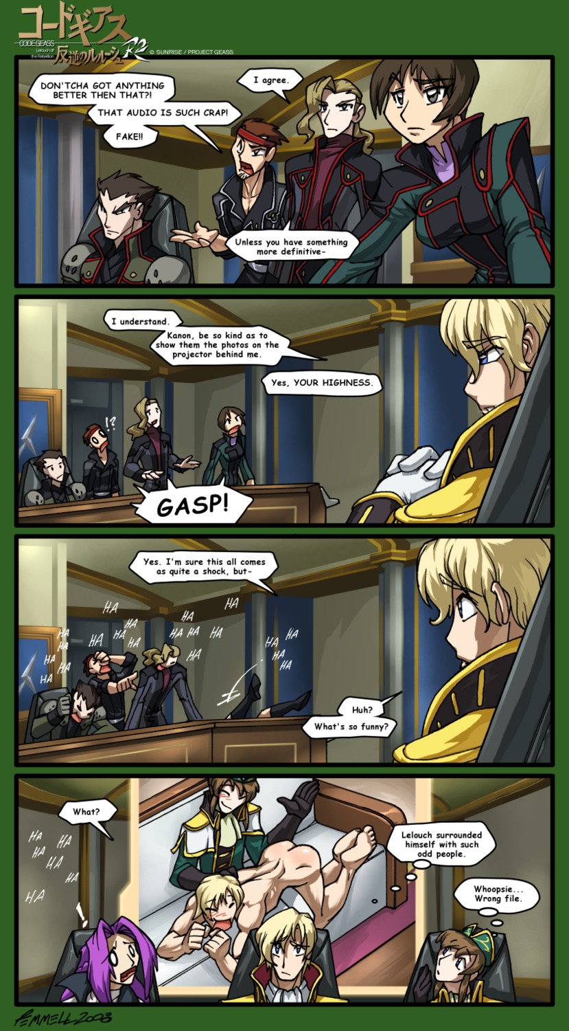 2girls 4koma 5boys blush chiba_nagisa code_geass comic cornelia_li_britannia diethard_reid female foxxfireart funny humor kanon_maldini kristoffer_remmell laughing male male/male nude rule34 schneizel_el_britannia spanking tamaki_shinichiro toudou_kyoshiro yaoi