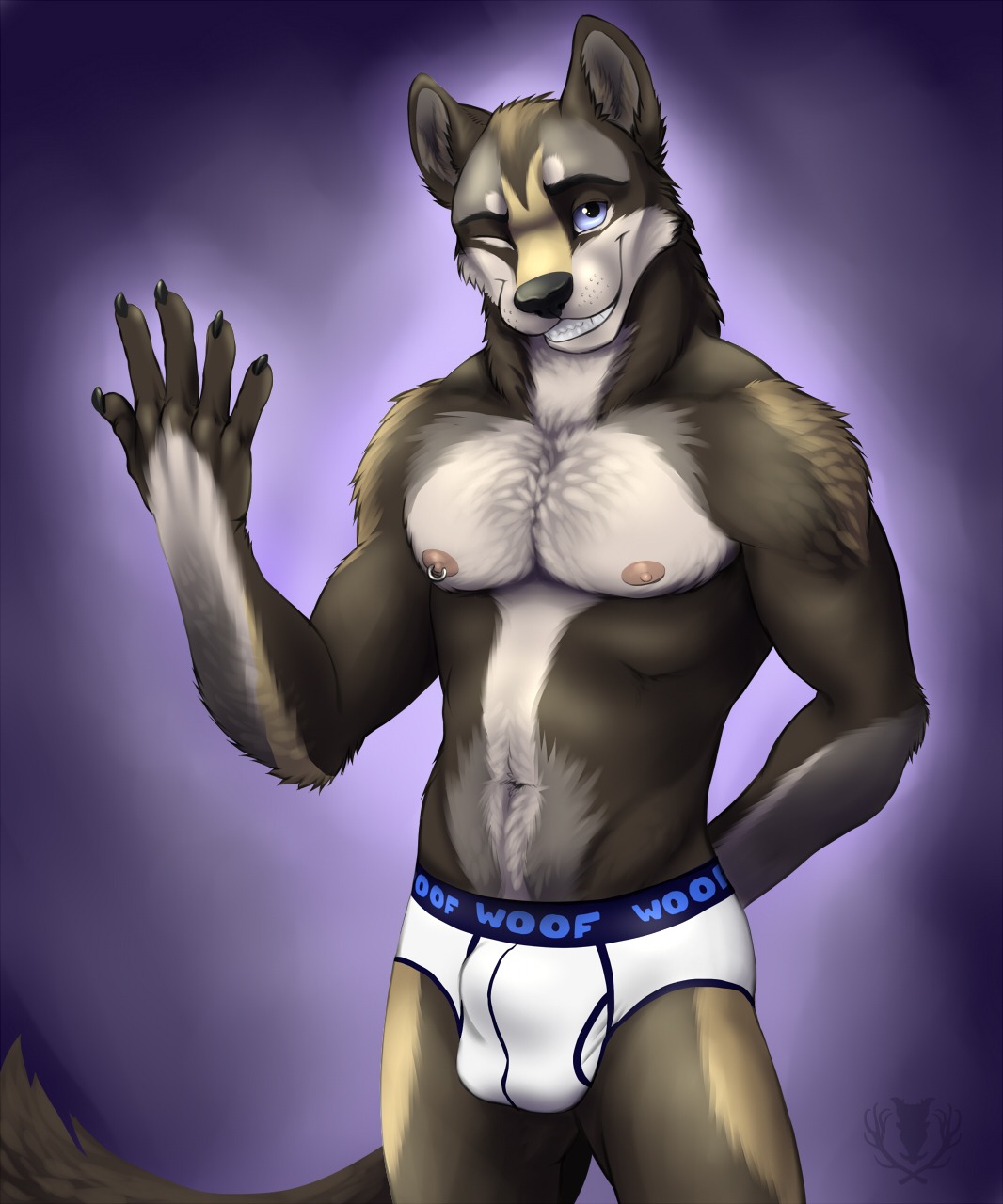 2013 anthro athletic biceps big_muscles biped black_nose blue_eyes briefs brown_body brown_fur bulge canid canine canis claws clothed clothing digital_media_(artwork) e621 fangs flexing fur grin hi_res looking_at_viewer male mammal muscular muscular_anthro muscular_male nipple_piercing nipples one_eye_closed pecs piercing portrait pose simple_background smile solo standing tail tan_body tan_fur teeth three-quarter_portrait topless tyins_darkwulf underwear vallhound white_body white_fur wink wolf