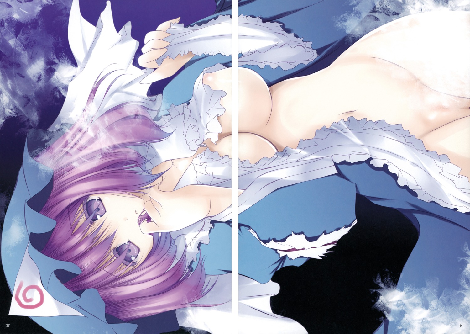 1girls bottomless breasts female hat highres mound_of_venus navel nipples open_clothes pink_hair purple_eyes purple_hair pussy rule34 solo touhou triangular_headpiece yuyuko_saigyouji