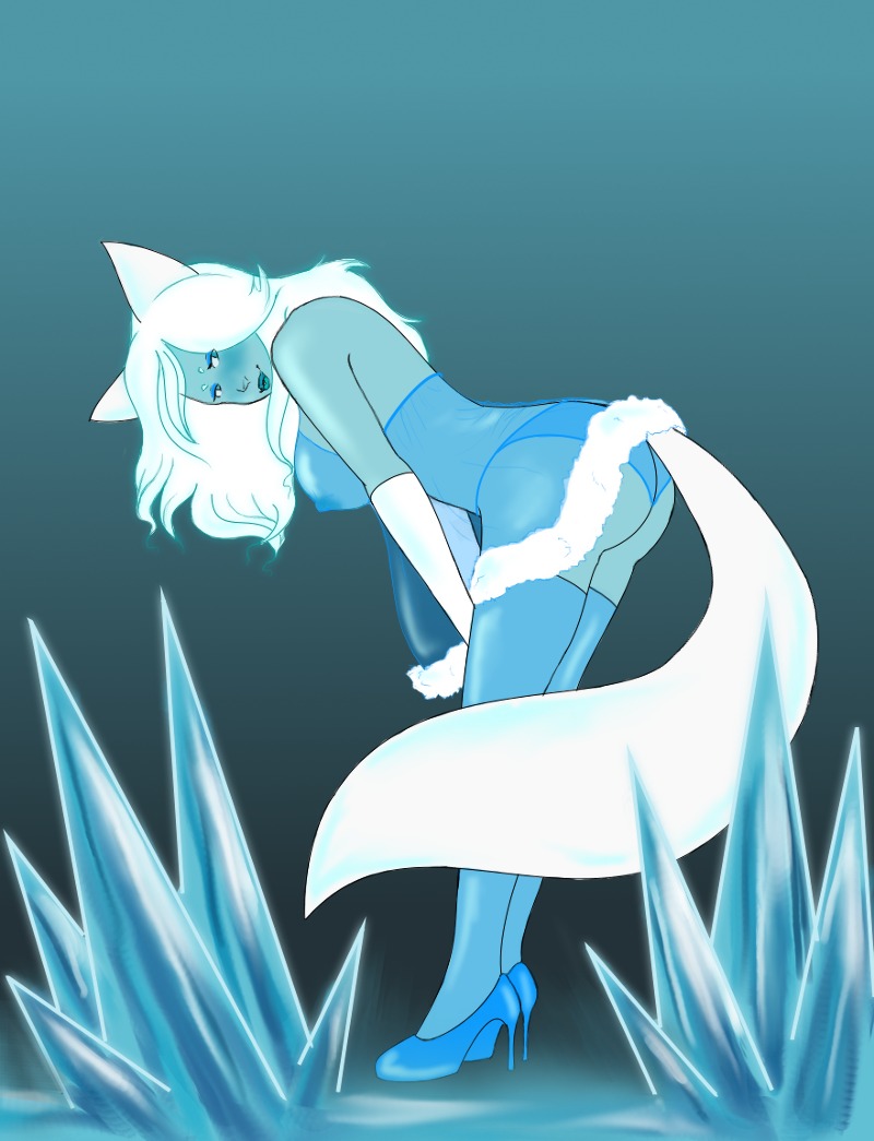 adventure_time animal_ears bent_over blue_legwear blue_skin blue_theme blush breasts carnivorouscandy elbow_gloves eyeshadow female gloves hair high_heels ice ice_queen_(adventure_time) legwear lingerie long_hair makeup nipples rule34 see-through solo tail thighhighs white_hair