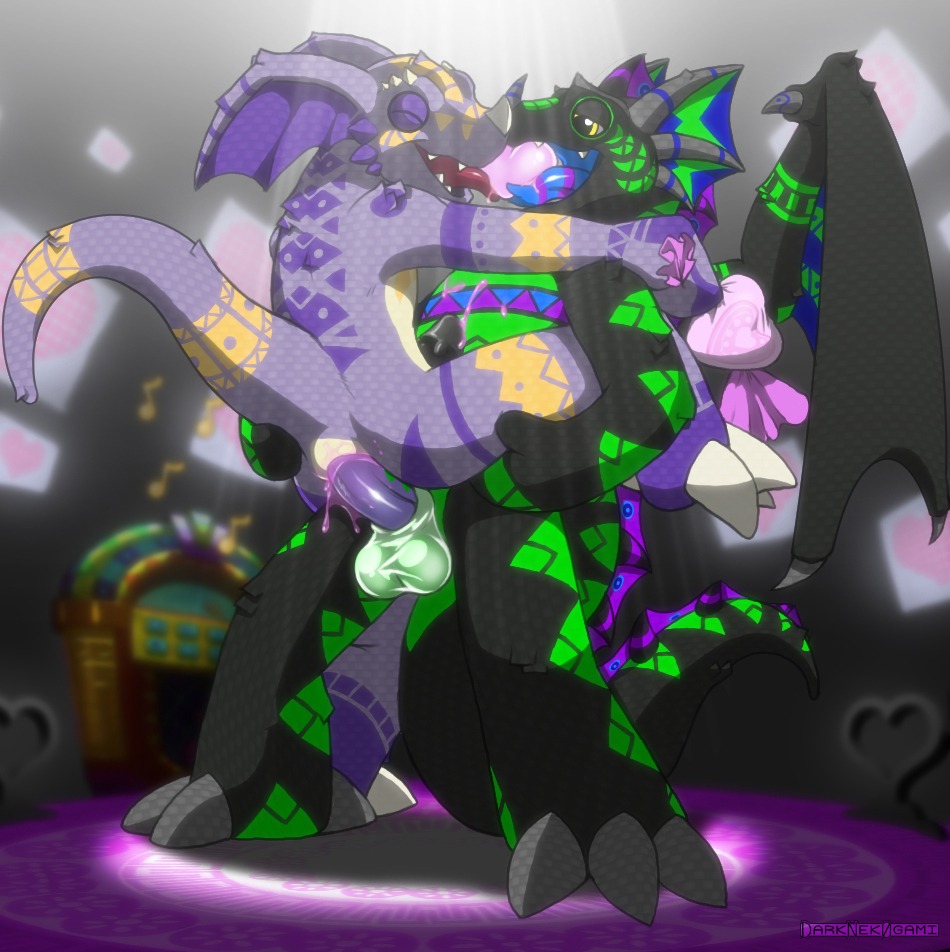 anal anal_penetration animate_inanimate anthro anus balls biceps black_body bodily_fluids candy claws crome cum cum_on_belly cum_on_body dark_nek0gami dessert dragon dragoneer_(character) duo e621 erection eyes_closed food french_kissing genital_fluids genitals green_body green_markings half-closed_eyes heart_symbol horn hug jawbreaker kissing living_pinata male male/male male_penetrated male_penetrating male_penetrating_male markings membrane_(anatomy) membranous_wings muscular musical_note musical_symbol mythological_creature mythological_scalie mythology narrowed_eyes nude open_mouth penetration penis pinata purple_body rareware reptile scalie sex smile stand_and_carry_position standing standing_sex stripes symbol tail teeth tongue tongue_out tools viva_pinata watermark wings