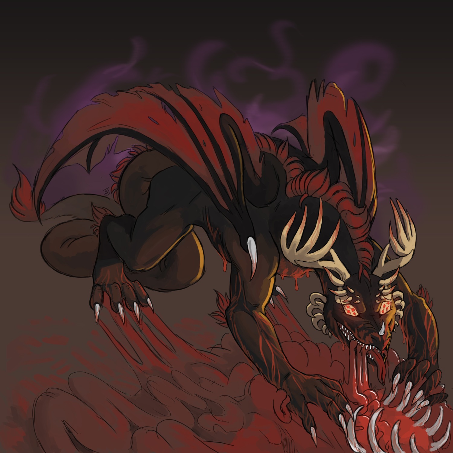 1:1 absurd_res antlers aura blood bodily_fluids claws death demonic dragon e621 fangs feral fur furred_dragon furred_scalie glowing gore guts hair hi_res horn intestines male membrane_(anatomy) membranous_wings muscular muscular_feral muscular_male mythological_creature mythological_scalie mythology open_mouth organs rib_cage ribs salthanath scalie solo tail teeth tongue wings wooperworks