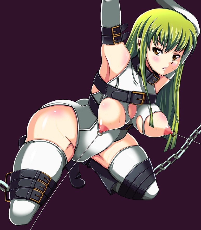 armpits arms_up belt blush body_blush bodysuit bondage breasts c.c. chains code_geass collar elbow_gloves female gloves green_hair long_hair nimo nipple_piercing nipples piercing rule34 sexy_armpits solo squat squatting thighhighs torn_clothes white_legwear white_thighhighs
