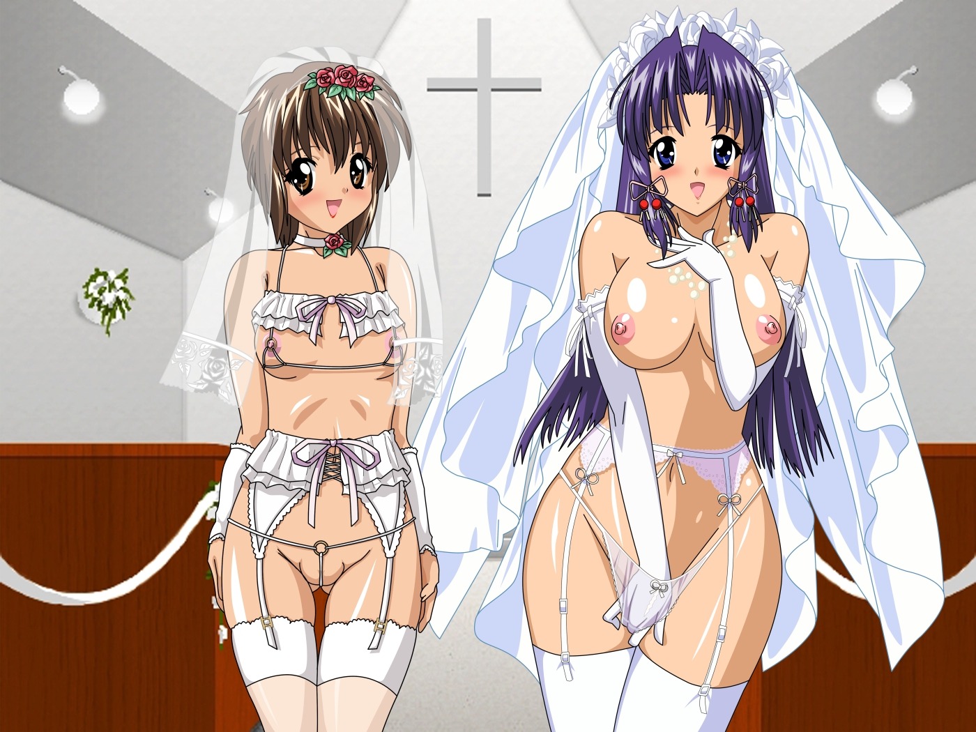 2girls between_labia blue_eyes blue_hair blush breastless_clothes breasts bride brown_eyes brown_hair cameltoe elbow_gloves female fingering garter_belt hand_in_panties haruka_(sister_princess) large_breasts legwear lingerie mamoru_(sister_princess) masturbation multiple_females multiple_girls nipples panties pussy rule34 sister_princess smile stockings thighhighs underwear wedding yosio