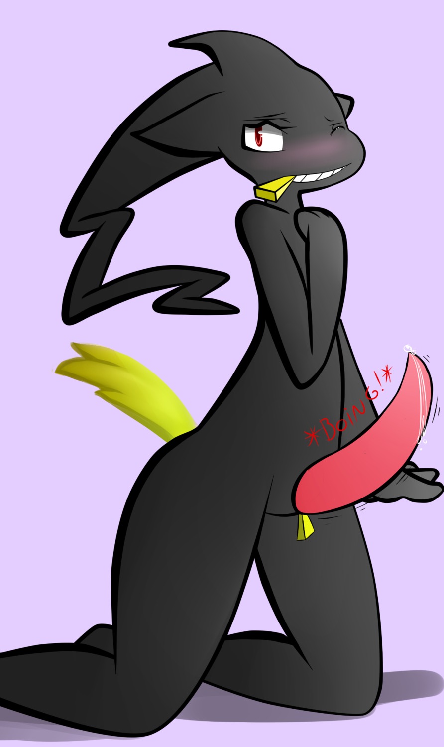 banette big_penis blush bodily_fluids body_zipper e621 embarrassed english_text erection generation_3_pokemon genital_fluids genitals ghost hi_res humanoid kneeling male nintendo not_furry one_eye_closed penis pokemon pokemon_(species) precum red_eyes sangelia shy solo spirit text unzipped wink zipper zipper_mouth