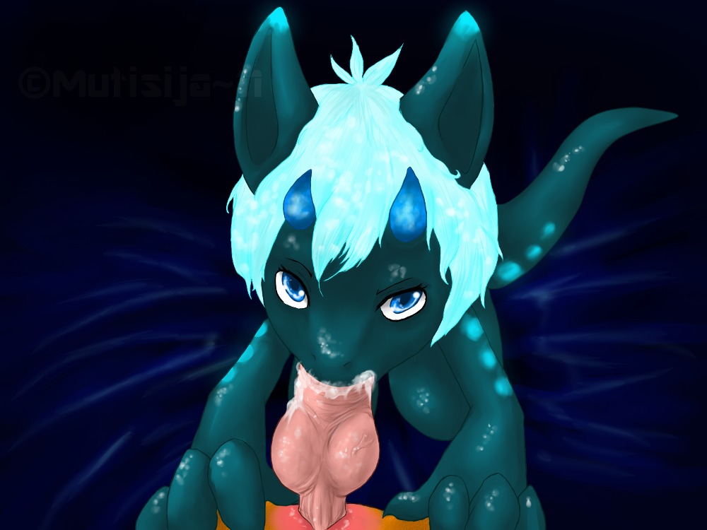ambiguous_gender bioluminescence blue_eyes blue_hair cum cum_in_mouth cum_inside cute dragon ear eldon erection fellatio glowing green hair horn juuso knot looking_at_viewer male mutisija oral oral_sex orange orgasm penetration penis rule34 sex tail white_hair young