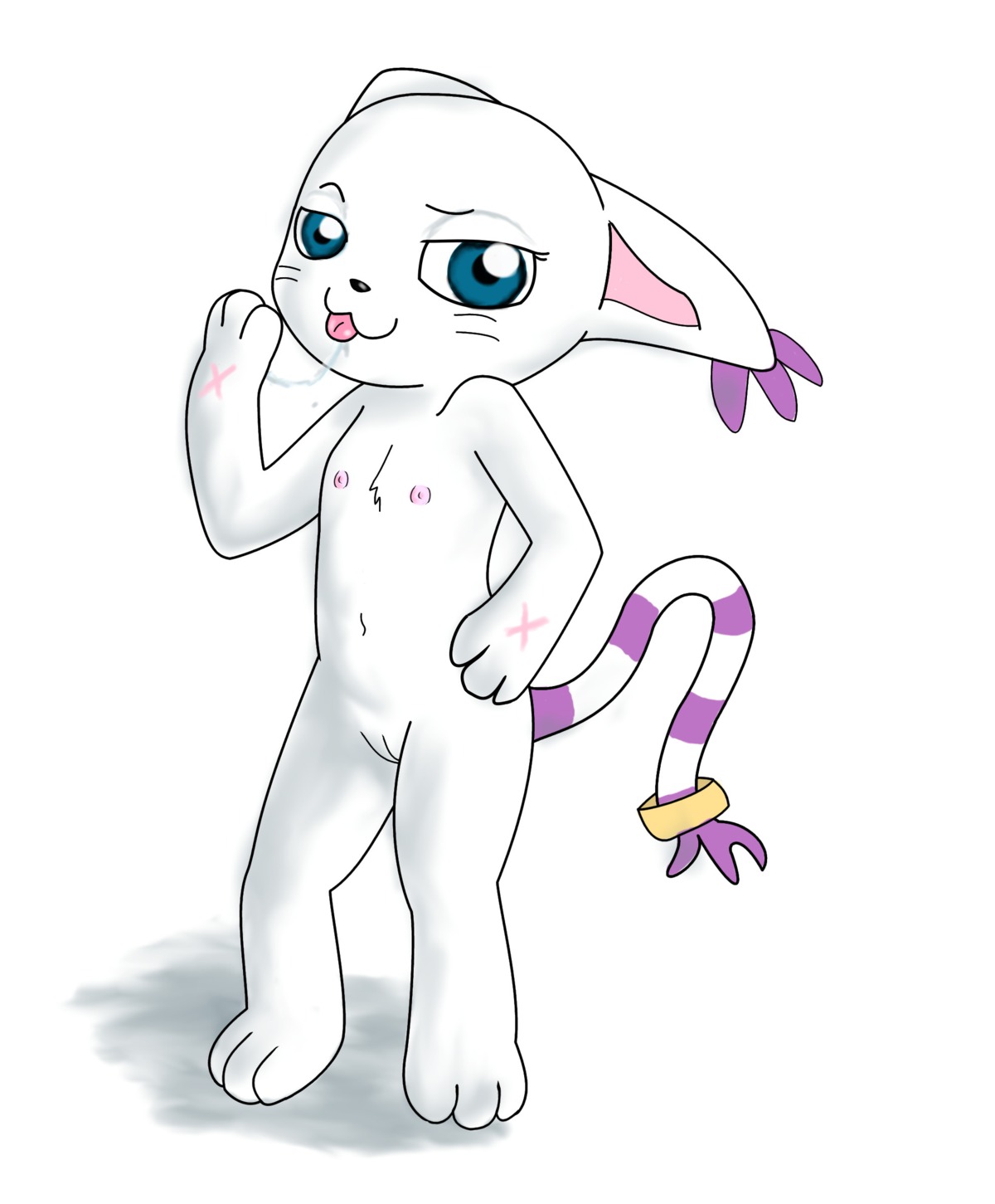 3_toes anthro bandai_namco blue_eyes bodily_fluids digimon digimon_(species) digital_media_(artwork) e621 ear_tuft feet felid female fur gatomon genitals hi_res looking_at_viewer mammal nipples nude purple_body purple_fur saliva simple_background solo tail toes tongue tuft vulva white_background white_body white_fur young young_anthro zeklullaby