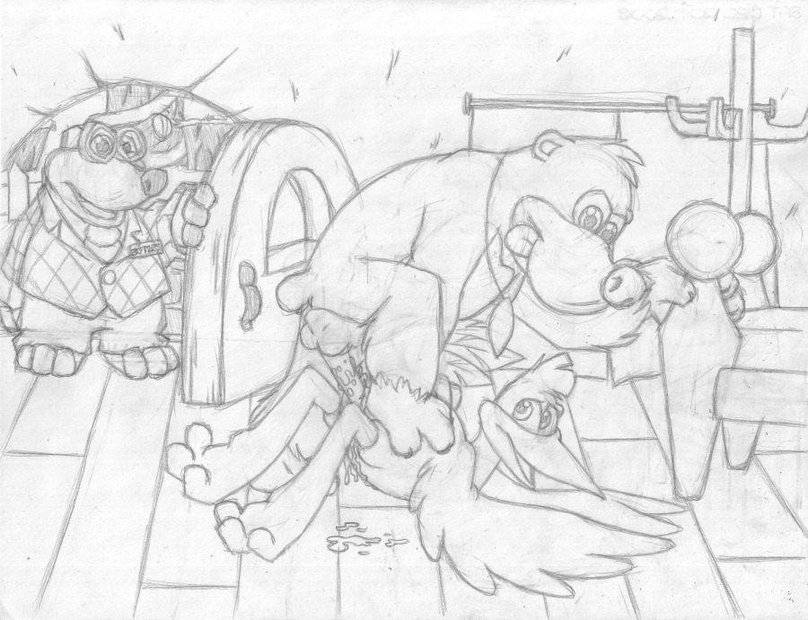 1boy 2girls anthro balls ballsack banjo banjo-kazooie banjo_(banjo-kazooie) bear bottles bottles_(banjo-kazooie) breegull erection female furry interspecies kazooie male mole mole_(animal) monochrome multiple_females penis penis_in_vagina pussy rareware rule34 scrotum sex sketch smooth_penis testicles toony vaginal_penetration