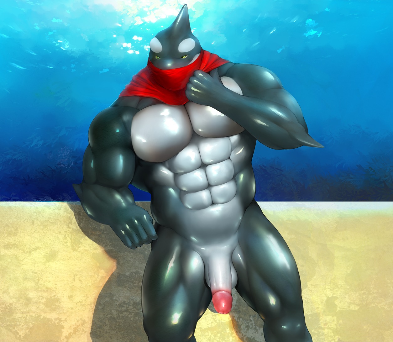 2013 abs anthro aquatic athletic balls biceps big_muscles big_penis biped black_body black_skin cetacean circumcised dolphin e621 fin flaccid genitals green_eyes grey_body grey_skin humanoid_genitalia humanoid_penis iceman1984 looking_at_viewer male mammal muscular muscular_anthro muscular_male nude oceanic_dolphin orca pecs penis pose scarf solo standing toothed_whale water