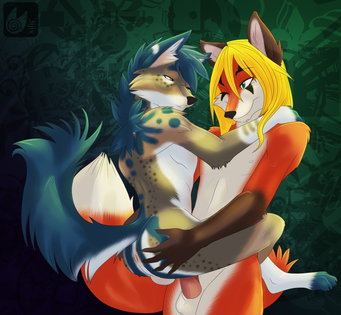 anthro balls blonde_hair butt canid canine digital_media_(artwork) duo e621 erection eye_contact fox frottage genitals green_eyes hair leg_wrap looking_at_another male male/male mammal moan multicolored_body one_eye_closed open_mouth penile penis penises_touching red_eyes sex tail vagabond_(artist) wink zakkun