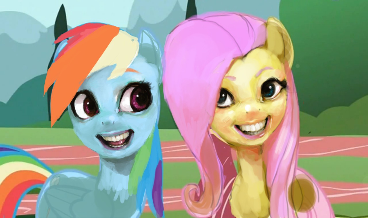 2012 blue_body blue_feathers blue_fur creepy cutie_mark duo e621 equid equine feathered_wings feathers female feral fluttershy_(mlp) friendship_is_magic fur hair hasbro mammal mane multicolored_hair multicolored_tail my_little_pony mythological_creature mythological_equine mythology pegasus pointblankfluffpistol rainbow_dash_(mlp) rainbow_hair rainbow_tail smile tail uncanny_valley wings yellow_body yellow_feathers