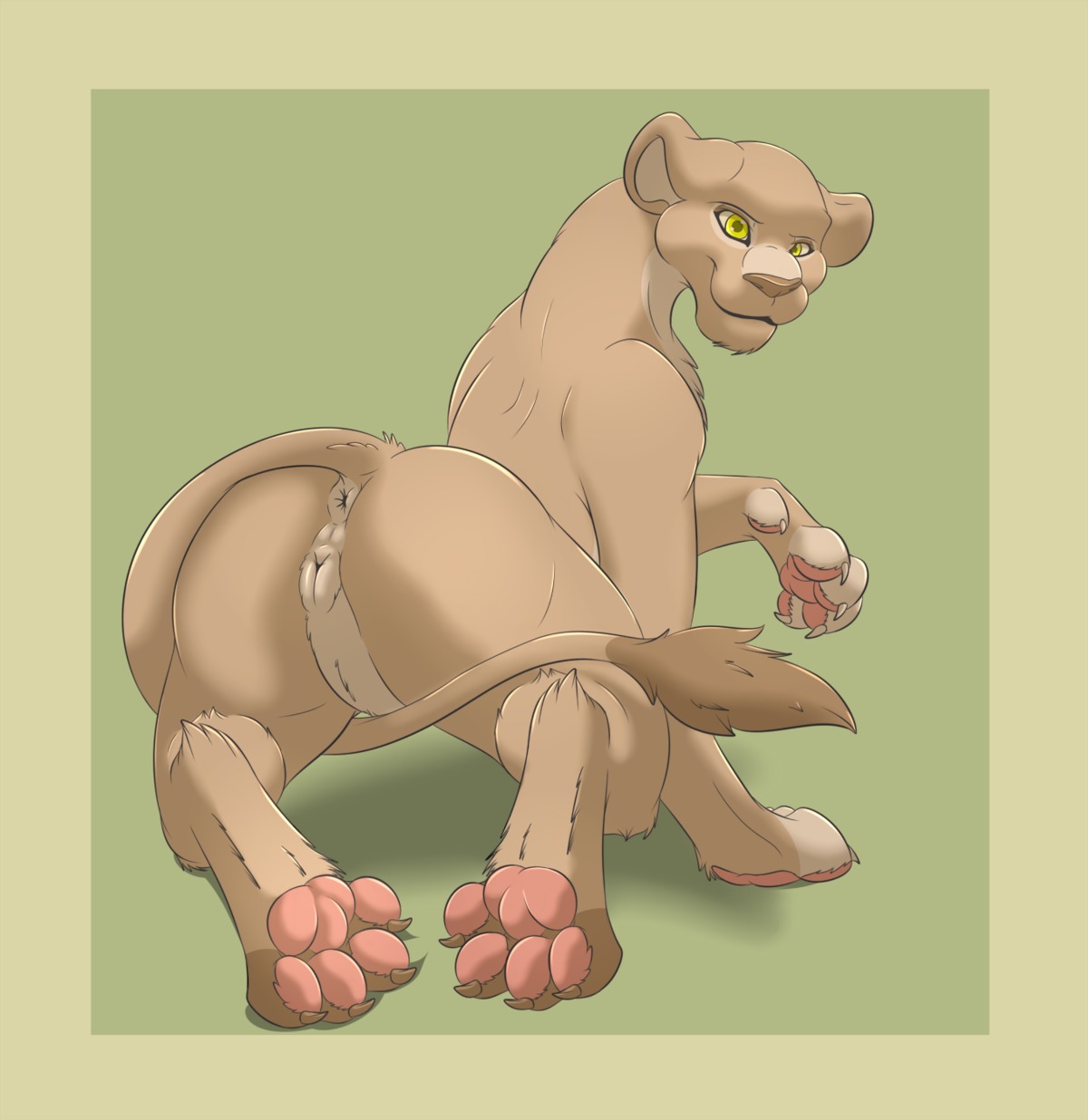2014 4_toes all_fours anatomically_correct anatomically_correct_genitalia anatomically_correct_vulva animal_genitalia animal_vulva anus butt claws conditional_dnp digitigrade e621 feet felid feline_genitalia feline_vulva female feral foot_focus genitals hi_res hindpaw lion looking_at_viewer looking_back mammal nude pantherine pawpads paws pink_pawpads presenting presenting_hindquarters psy101 raised_tail simple_background smile solo tail tail_anus toe_claws toes vulva yellow_eyes