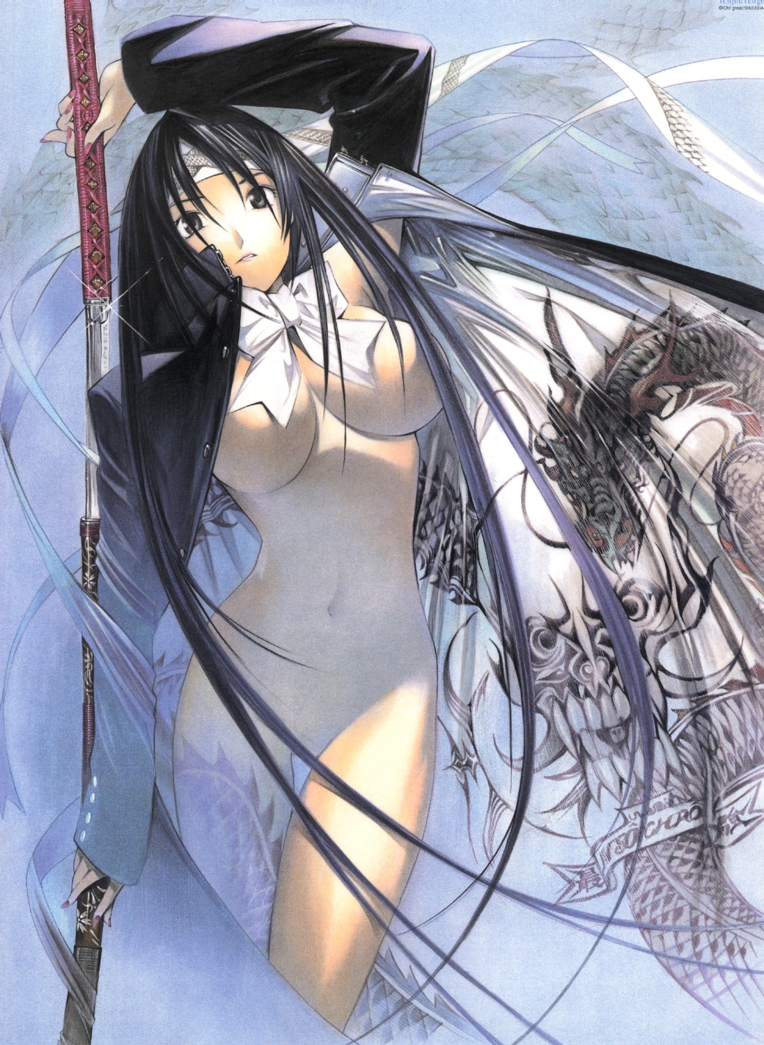 1girls black_hair breasts female female_only highres japanese_clothes katana kimono long_hair natsume_aya nodachi nude oh!_great ribbon rule34 solo sword tenjou_tenge weapon