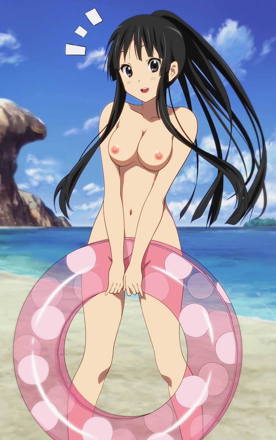 beach black_eyes black_hair blush female female_only highres human human_only k-on! mio_akiyama_(k-on!) nude nude_filter ponytail rule34 smile solo tied_hair