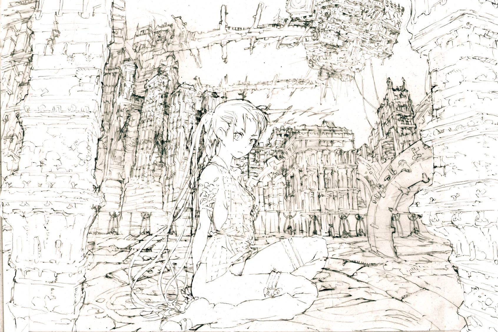 apron bottomless building city cityscape female highres humi kneehighs long_hair monochrome naked_apron no_panties pillar pubic_hair ruins rule34 socks solo thighhighs toi8 traditional_media twintails