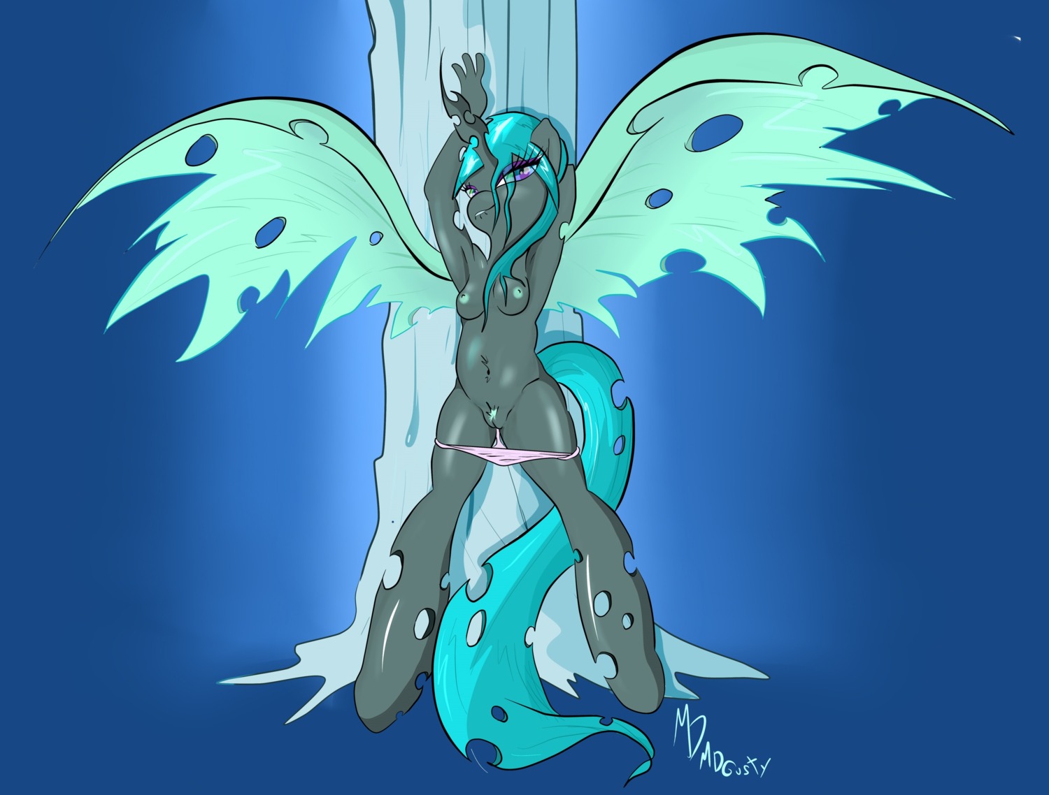 anthro arthropod bedroom_eyes biped bite biting_lip biting_own_lip black_body black_fur black_skin blue_background blue_hair breasts changeling_(mlp) cool_colors digital_media_(artwork) e621 female friendship_is_magic fur genitals green_eyes hair half-closed_eyes hasbro hi_res hooves horn insect_wings lips long_hair looking_at_viewer mdgusty my_little_pony narrowed_eyes nipples plant queen_chrysalis_(mlp) seductive self_bite simple_background smile solo standing tree vulva wings