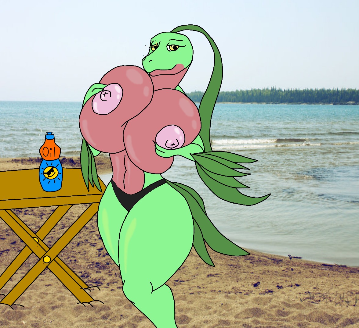 anthro anthrofied beach big_breasts breasts clothed clothing detailed_background dragon-heart e621 elemental_creature female flora_fauna generation_3_pokemon green_body green_skin grovyle huge_breasts leaf leaf_tail looking_at_viewer nintendo nipples non-mammal_breasts non-mammal_nipples oil outside plant pokemon pokemon_(species) pokemorph sand sea seaside skimpy sky smothering solo tail tight_clothing topless water wolfalpha yellow_eyes zackora