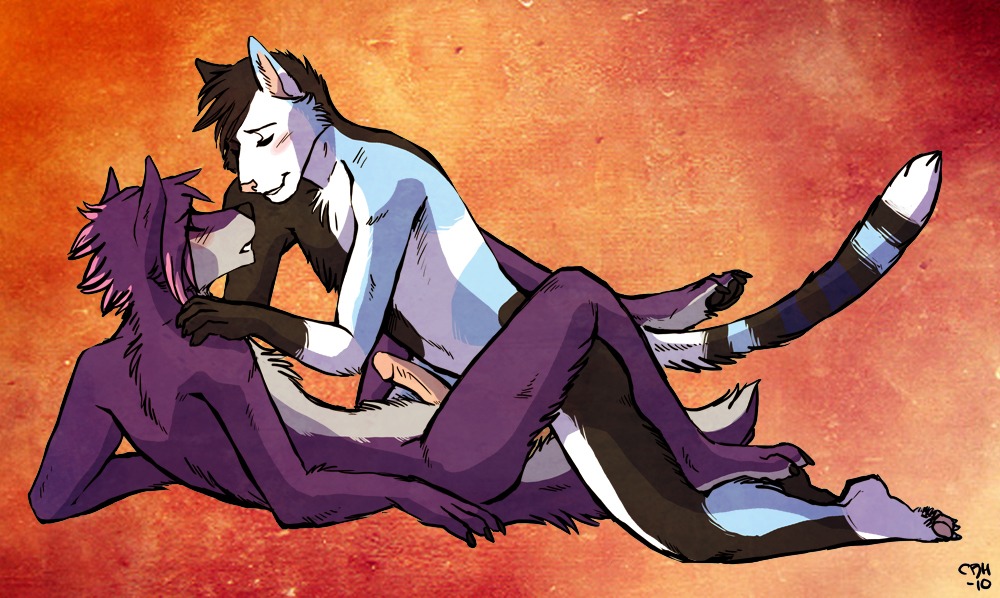 2010 anthro blush canine cbh closed_eyes couple cuddle erection eyes feline fur furry furry_only gay humanoid_penis male no_humans pawpads penis raised_tail rule34 skylar tail wolf zander