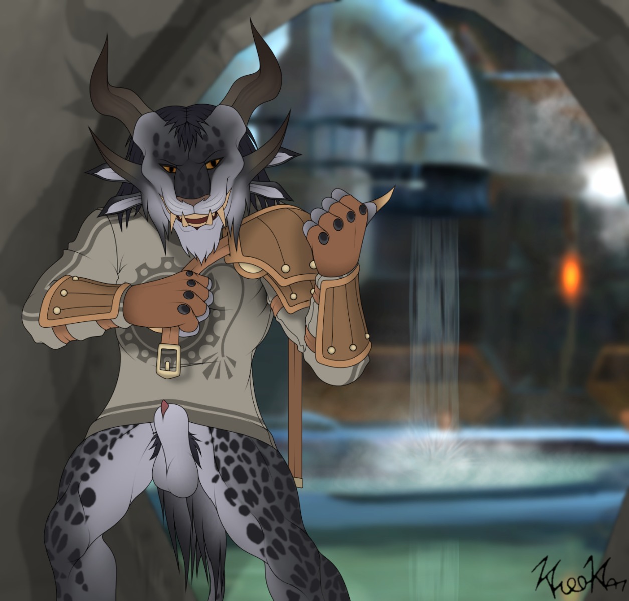 2014 5_fingers anthro armor balls biped charr claws clothed clothing e621 erection felid fingers fur genitals grasp guild_wars hair half-closed_eyes happy hi_res horn inside kiro-kat looking_at_viewer male mammal narrowed_eyes open_mouth penis pubes sharp_teeth shirt shower smile solo teeth topwear water