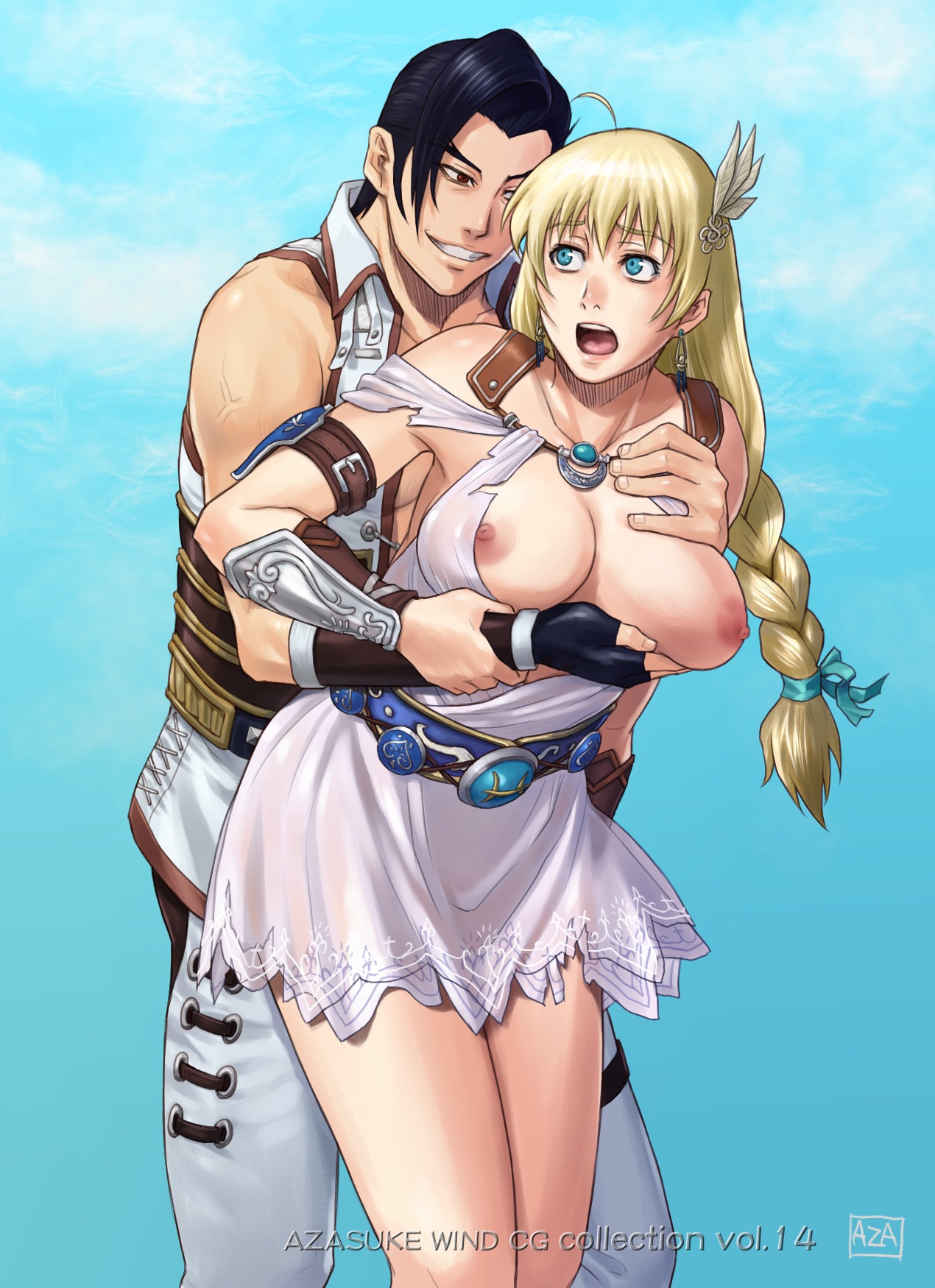 aqua_eyes azasuke belt black_hair blonde_hair braid breast_grab breasts clenched_teeth defeated earrings female fingerless_gloves green_eyes highres human large_breasts long_hair male maxi_(soulcalibur) milf molestation nipples open_mouth red_eyes rule34 short_hair smile sophitia_alexandra soul_calibur standing straight sweat topless