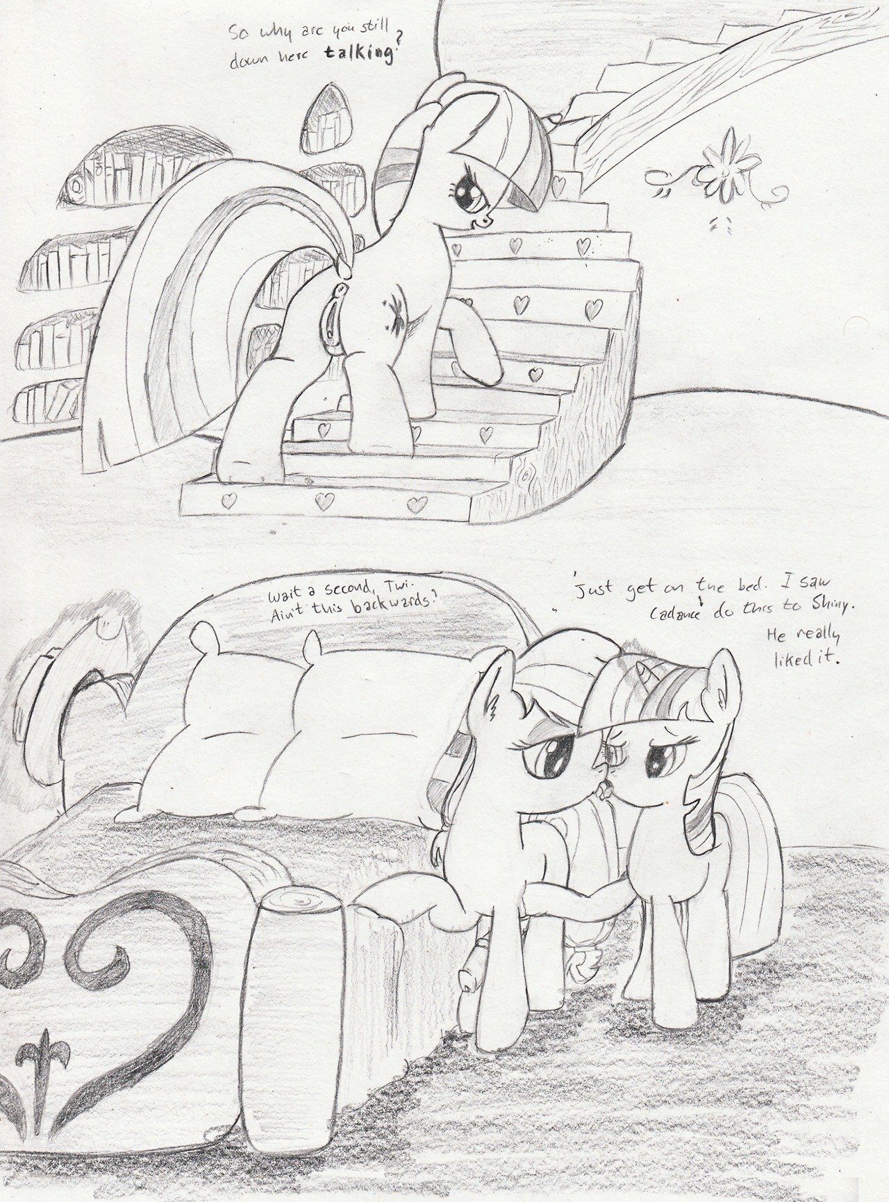 2013 anus applejack_(mlp) bed better_version_at_source clothing comic cowboy_hat cutie_mark dialogue dripping duo e621 earth_pony english_text equid equine female feral friendship_is_magic fur furniture genitals gynomorph hair hasbro hat headgear headwear hi_res horn horse inside intersex kitsuneymg magic mammal monochrome my_little_pony mythological_creature mythological_equine mythology penis pony text twilight_sparkle_(mlp) unicorn vulva