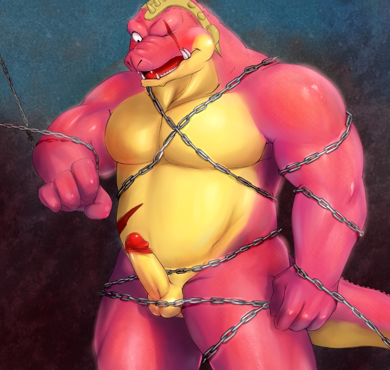 anthro balls biceps big_muscles big_penis blush chain crocodile crocodilian crocodine dragon_quest dragon_quest:_the_adventure_of_dai e621 erection foreskin genitals humanoid_genitalia humanoid_penis iceman1984 male muscular muscular_anthro muscular_male nude pecs penis pose reptile scalie scar solo square_enix tail