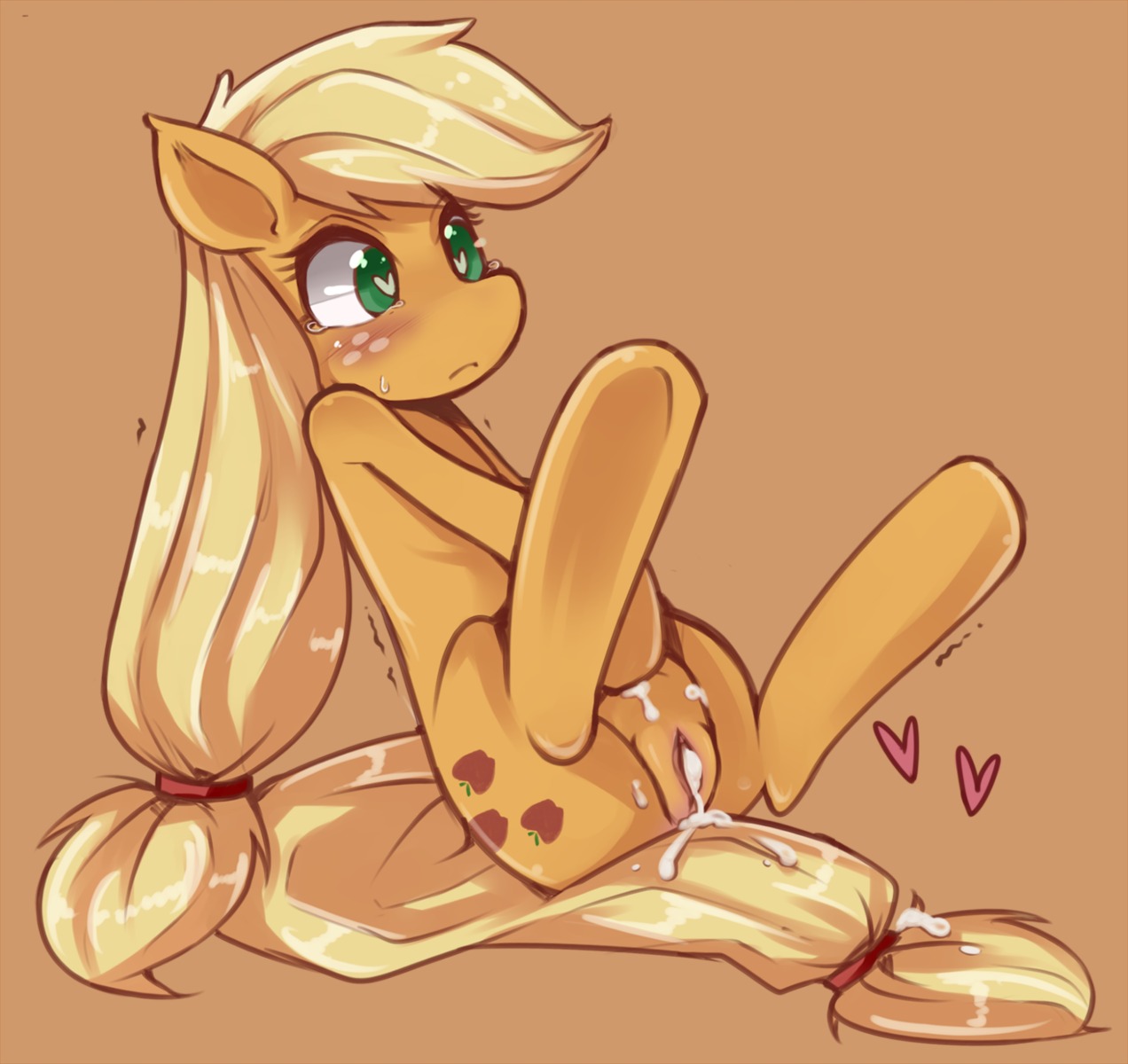 2013 after_sex applejack_(mlp) blonde_hair blush bodily_fluids cum cum_in_vagina cum_inside cutie_mark e621 earth_pony equid equine female feral friendship_is_magic genital_fluids genitals green_eyes hair hasbro heart_symbol hi_res horse hua113 legs_up mammal my_little_pony nude pony quadruped simple_background sitting solo tail vulva