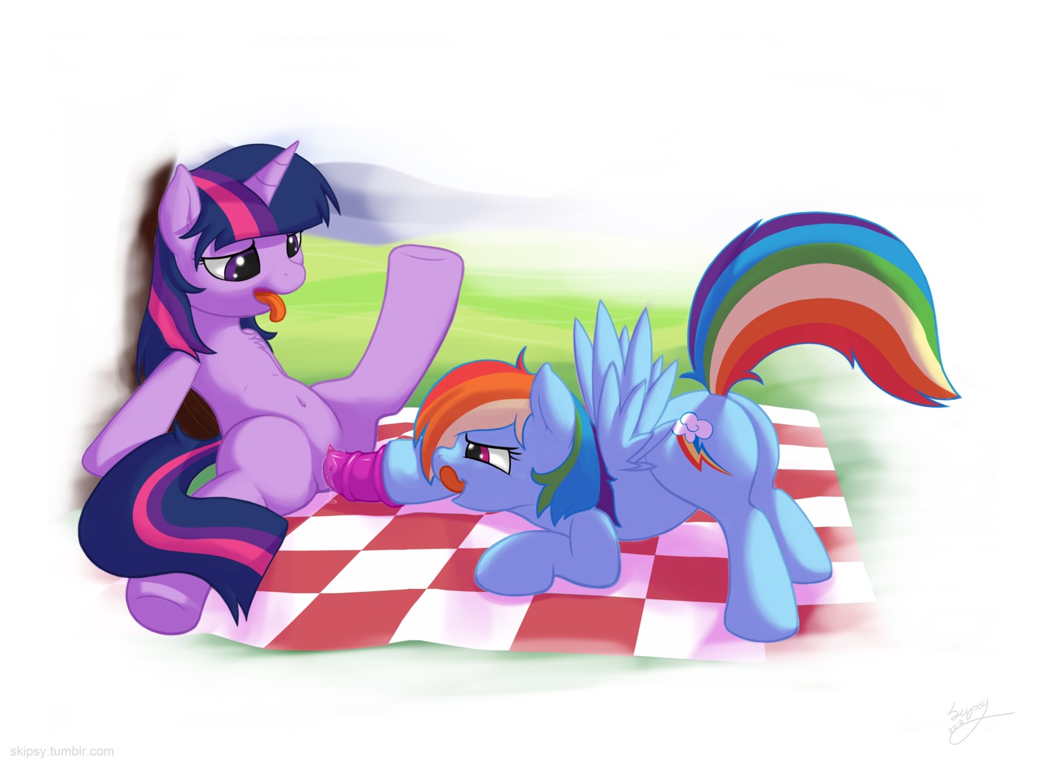 ass_up blue_body blue_feathers blue_fur bodily_fluids cutie_mark dildo duo e621 equid equine feathered_wings feathers female female/female feral feral_on_feral friendship_is_magic fur genital_fluids genitals hair half-closed_eyes hasbro hi_res hooves horn intraspecies licking licking_lips mammal multicolored_hair multicolored_tail my_little_pony mythological_creature mythological_equine mythology narrowed_eyes navel outside park pegasus penetration picnic_blanket public purple_body purple_fur purple_hair rainbow_dash_(mlp) rainbow_hair rainbow_tail raised_leg raised_tail self_lick sex sex_toy shaded skipsy spread_legs spreading tail tongue tongue_out toying_partner twilight_sparkle_(mlp) two_tone_hair underhoof unicorn vaginal vaginal_fluids vulva wing_boner wings