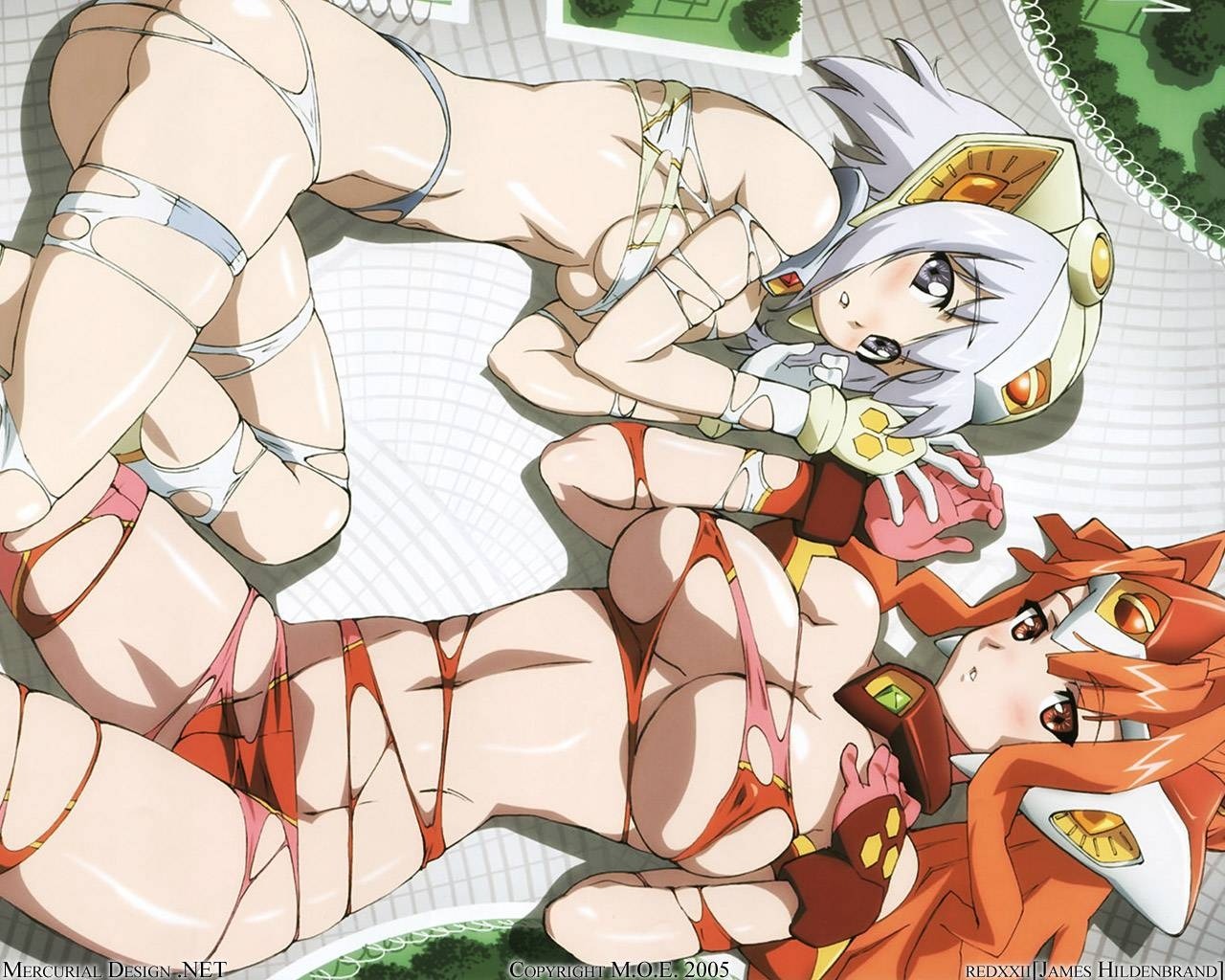 2girls ass blue_eyes blush breasts collar duplicate erect_nipples female giantess gloves koharuno_silk large_breasts lying midriff nipples no_bra no_panties nopan ootori_vivienne oppai orange_hair red_eyes rule34 spandex torn_clothes ultimate_girls wallpaper watermark white_hair