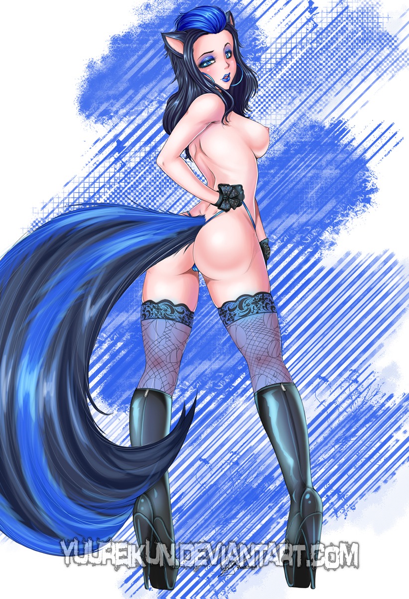 2012 animal_humanoid black_hair blue_eyes blue_hair blue_lips boots breasts butt clothed clothing e621 female footwear gloves hair handwear hi_res high_heeled_boots high_heels humanoid legwear lips long_hair looking_at_viewer looking_back makeup mammal mammal_humanoid mephitid mephitid_humanoid nipples panties platform_footwear platform_heels presenting presenting_hindquarters shoes side_boob skunk skunk_humanoid smile solo standing stockings tail thong topless underwear yuureikun