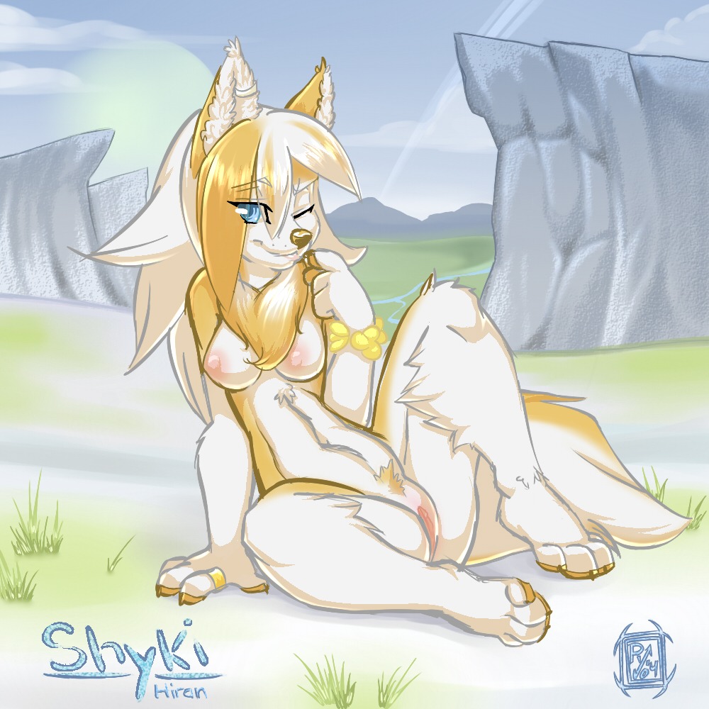 1:1 2012 4_toes anthro biped blonde_hair blue_eyes bracelet breasts canid canine canis chest_tuft cloud digital_media_(artwork) domestic_dog e621 ear_piercing english_text eye_through_hair feet female fur genitals grass hair hair_over_eye husky jewelry knee_tuft leg_tuft long_hair looking_at_viewer mammal mountain nipples nordic_sled_dog nude one_eye_closed one_eye_obstructed outside piercing pinup plant pose pubes reign-2004 ring river shaded shyki_hiran signature sitting sky smile solo spitz spread_legs spreading tail text toes translucent translucent_hair tuft vulva water white_body white_fur white_hair yellow_body yellow_fur