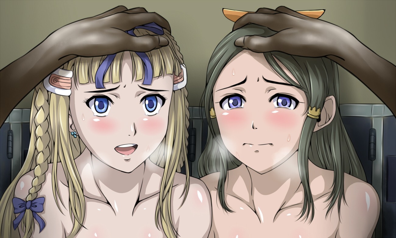 black_hair blonde_hair female giselle_collette giselle_collette_vingt hair_ornament hands himeshima_koukichi last_exile last_exile:_ginyoku_no_fam last_exile:fam_the_silver_wing millia_il_velch_cutrettola_turan multiple_females multiple_girls nude rule34