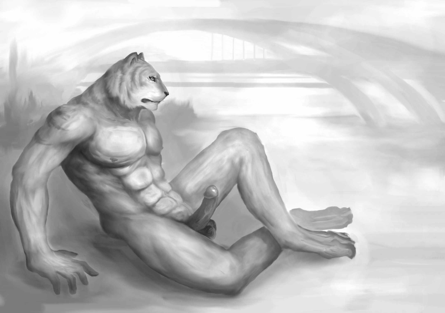 2012 abs anthro balls biceps biped compression_artifacts e621 erection felid fur genitals hachibusanren hi_res male mammal monochrome muscular muscular_anthro muscular_male nipples nude pantherine pecs penis pose sitting solo tiger vein