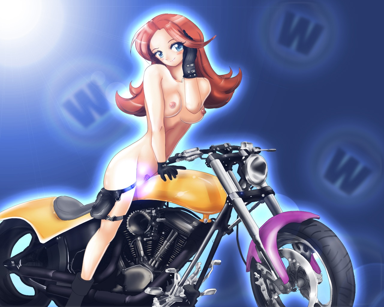 blush breasts casual censored exposed_torso female footwear handwear human large_breasts legwear mario_(series) mona_(warioware) motorcycle nipples pale_skin pubic_hair rule34 smile tansoku102cm warioware