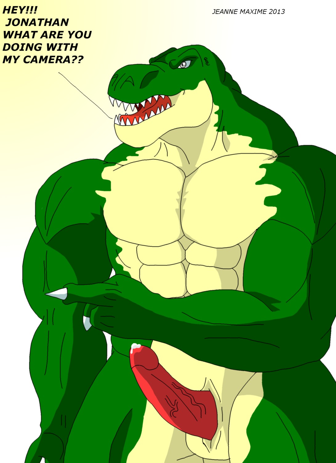 2013 abs absurd_res angry animal_genitalia anthro athletic balls biceps big_penis biped bodily_fluids claws cum dialogue dinosaur e621 english_text erection fangs flexing genital_fluids genital_slit genitals green_body green_skin grey_eyes hi_res lizard male maxime-jeanne muscular muscular_anthro nude offscreen_character open_mouth pecs penis precum prehistoric_species red_penis reptile saurischian scales scalie solo standing teeth text theropod thomas_carter tongue toony tyrannosaurid tyrannosauroid tyrannosaurus tyrannosaurus_rex vein yellow_body yellow_skin