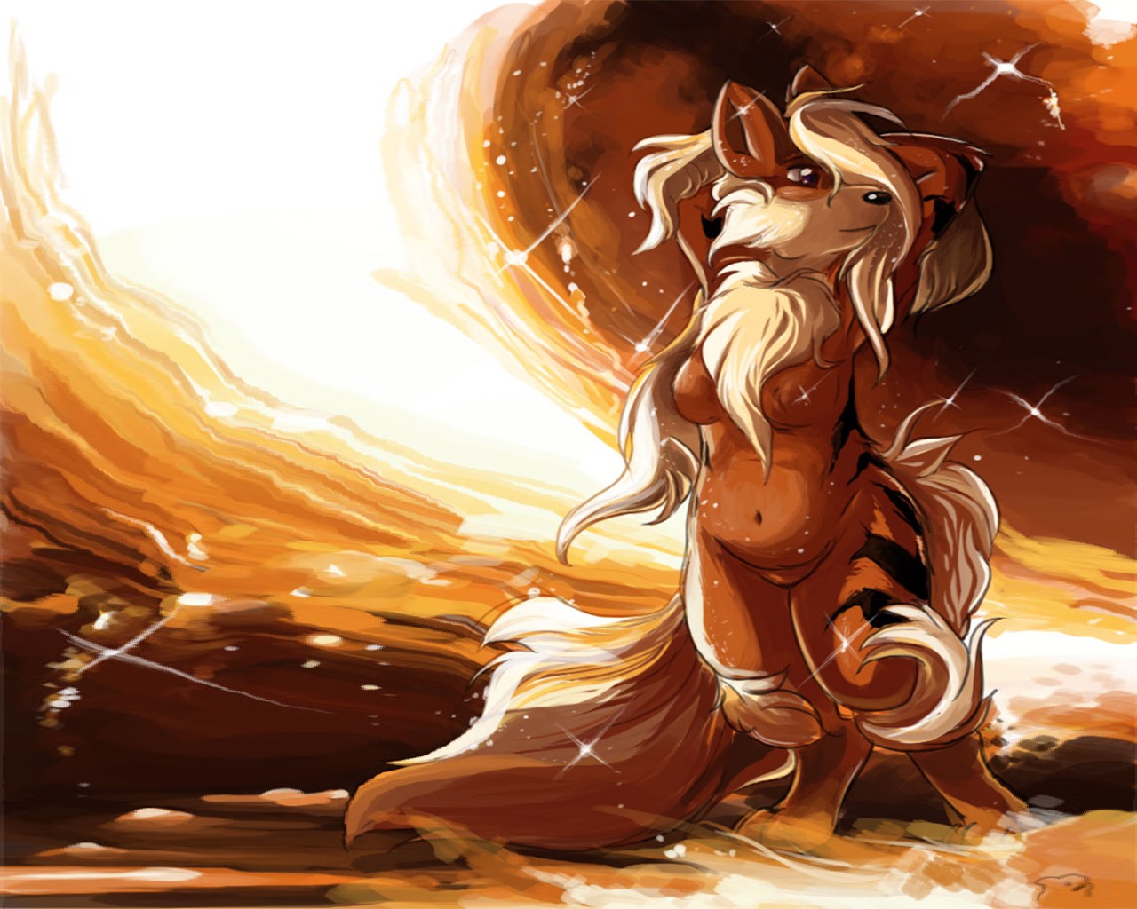 5:4 anthro arcanine breasts canid canine e621 female fire generation_1_pokemon mammal naturally_censored nintendo nipples nude pokemon pokemon_(species) pokemorph slightly_chubby solo sparkles tail vampirechicken wallpaper