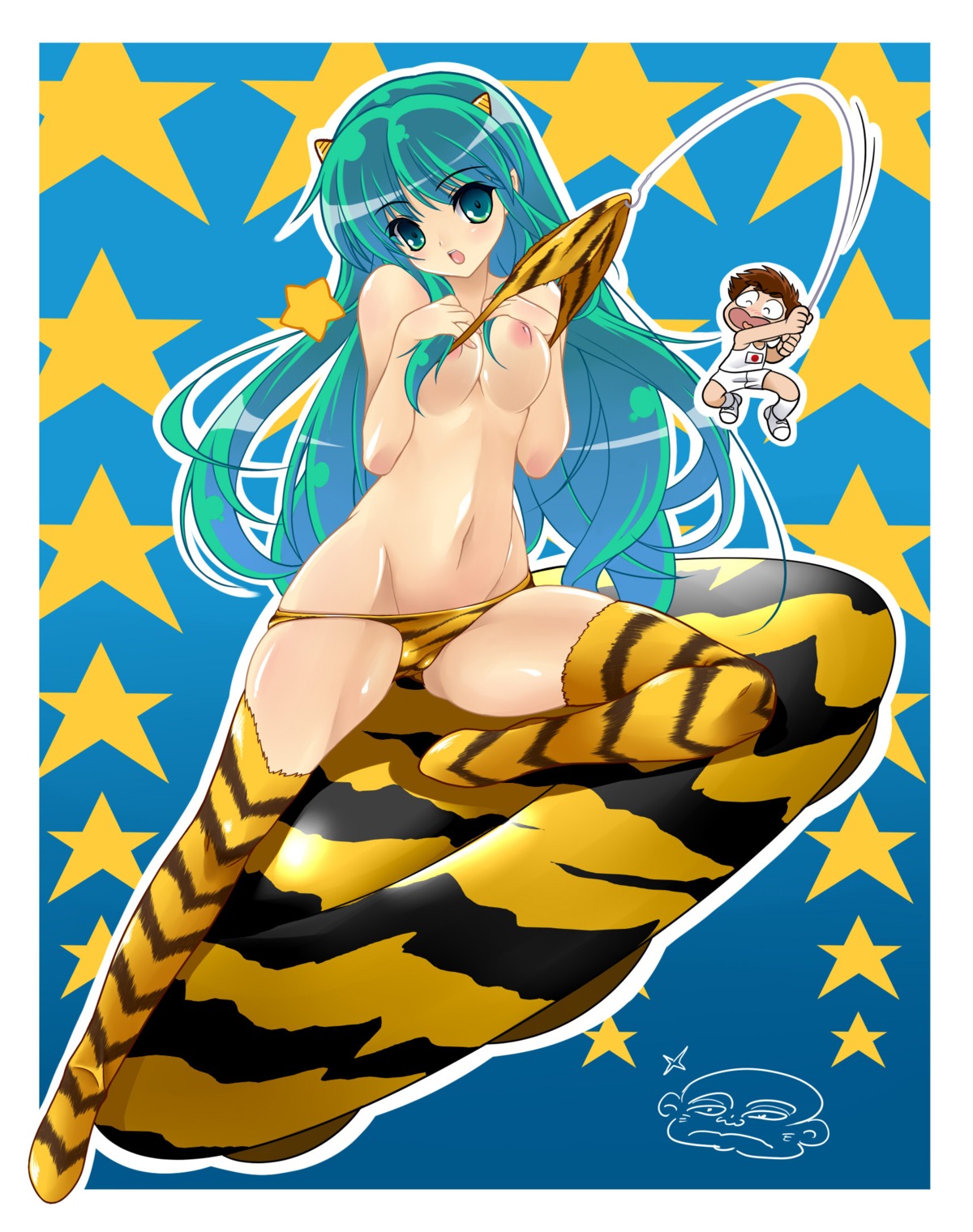1boy 1girls 2010 areolae ataru_moroboshi breasts brown_hair clothes_stuck_on_object clothes_thief clothing_thief curvy erect_nipples female fishing_rod green_eyes green_hair highres horns large_breasts light-skinned_female light_skin long_hair lost_clothes lum male mound_of_venus navel nipples oni panties panty_pull pointy_ears princess rule34 shorts solo star swimsuit swimsuit_thief tank_top theft thighhighs tiger_print ufo underwear urusei_yatsura very_long_hair yone_(qtron)