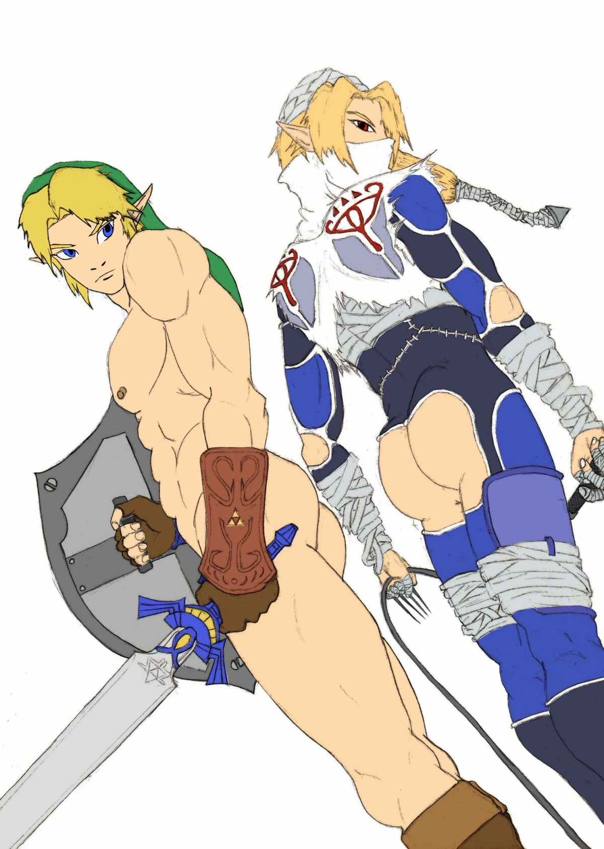 2boys ass biceps exposed_ass gloves handwear legwear link link_(ocarina_of_time) male male_only muscles muscular muscular_thighs nintendo ocarina_of_time pecs reverse_trap rule34 sheik shield sword the_legend_of_zelda thighs twinks whip