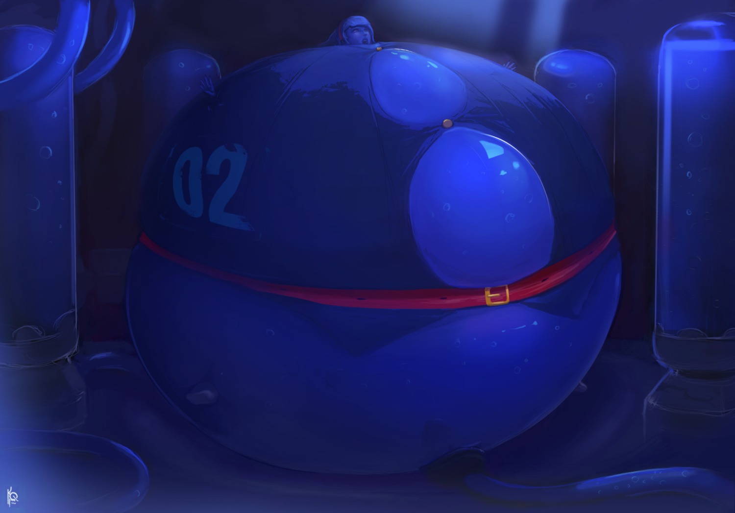 belt bubble clothing digital_media_(artwork) digital_painting_(artwork) e621 female glistening hi_res human inflation kidquetzal mammal not_furry number painting_(artwork) scientific_experiment shirt solo topwear translucent translucent_body tube water_tank what_has_science_done